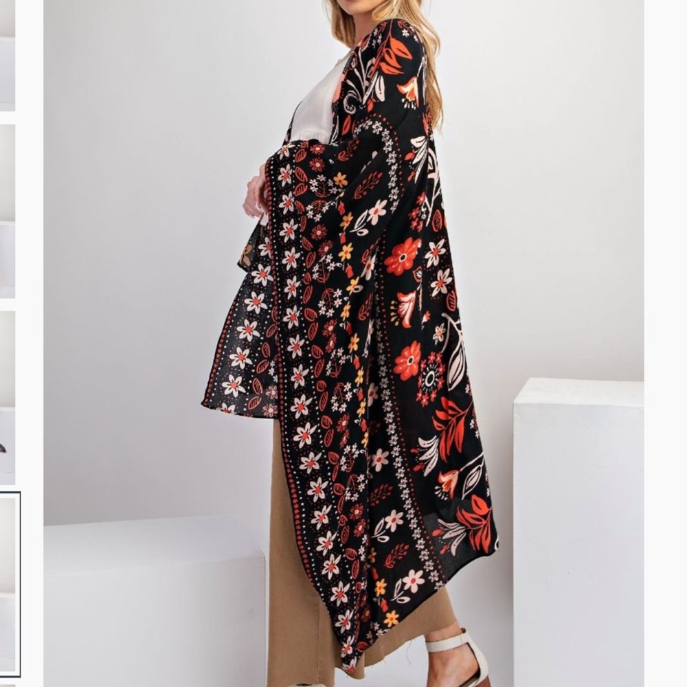 easel Black Floral Kimono Cardigan with Red & Pink Accents - Picture 2 of 3